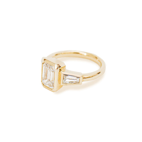 Bezel Set Emerald Lab Grown Diamond Trilogy Ring